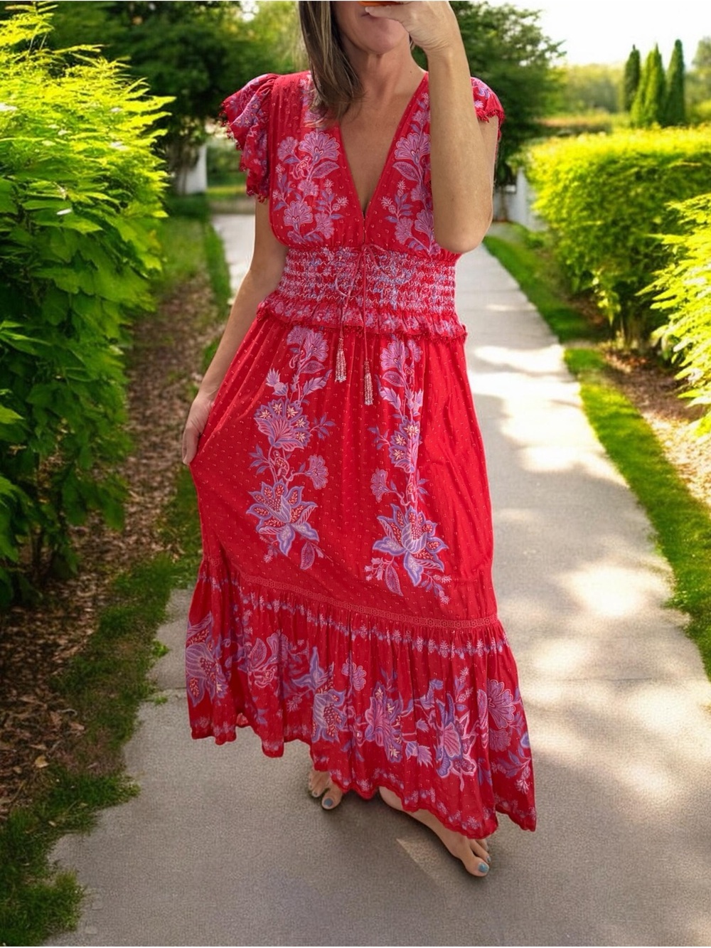 Anthropologie Farm Rio Shell Garden Maxi Dress Red Multi